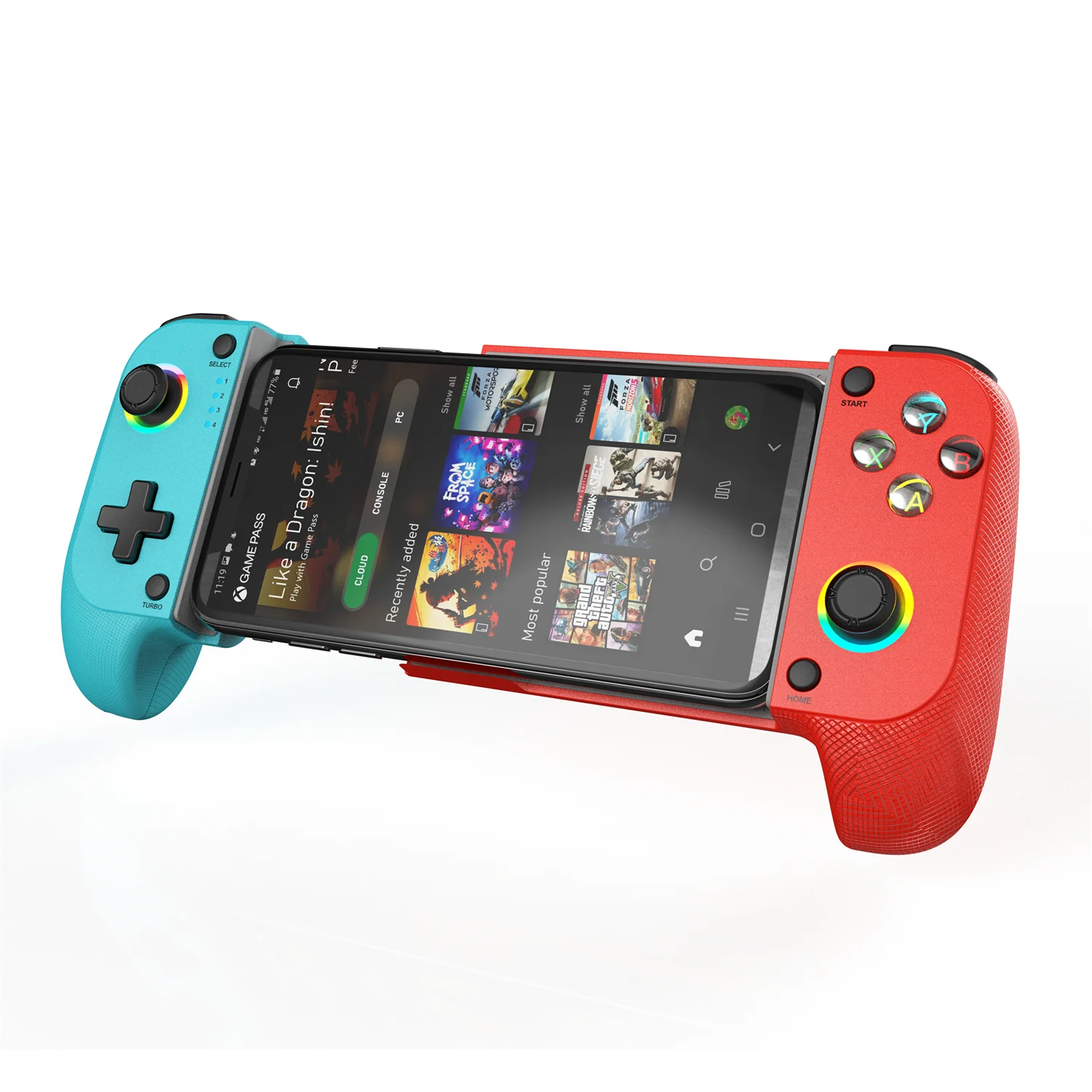 Mando para iPhone y Android con iluminación RGB, compatible con PS Remote Play, Xbox Cloud y más, color azul y rojo.