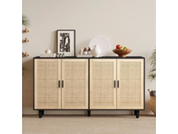 Armario De Almacenamiento 158cm - 4 Puertas, Rattan Decorativo, Elegante Y Funcional - Negro