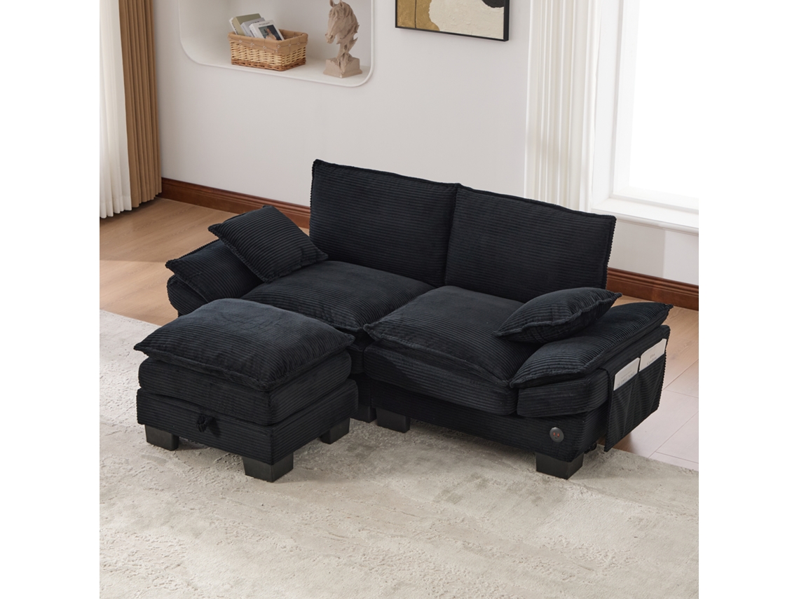 Sofá Modular De 2 Plazas Con Reposapiés – Asiento Amplio, Diseño Ergonómico, Espuma De Alta Densidad, Puerto Usb-c Y Bolsillos Laterales – Negro