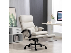 Silla de oficina con altura regulable, soporte lumbar, apoyabrazos y reposapiés, tapizada en piel sintética color gris claro.