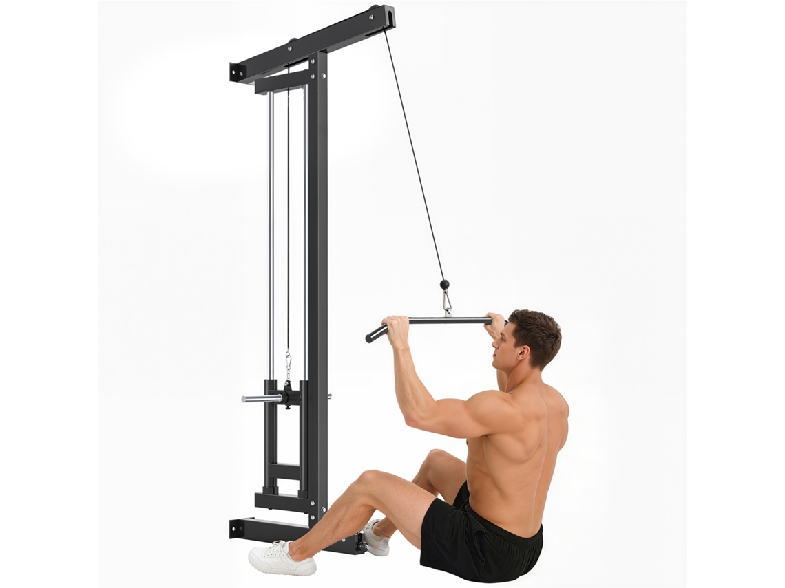Máquina de remo de acero negro para montaje en pared con sistema de cables para gimnasios domésticos.