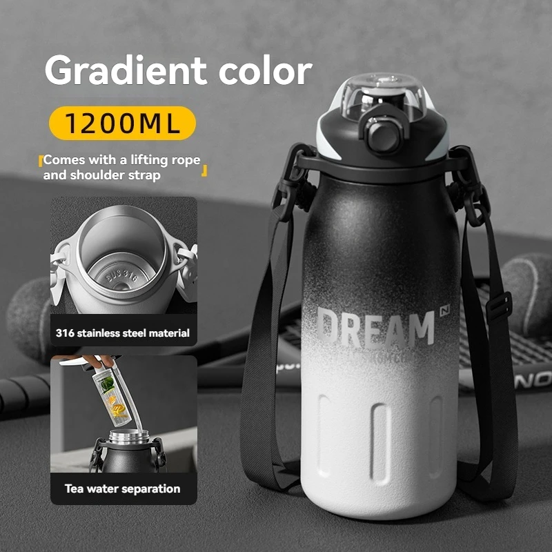 (negro Degradado, 1200 Ml) Taza Isotérmica De Acero Inoxidable 316, Taza Deportiva Portátil, Con Pajita