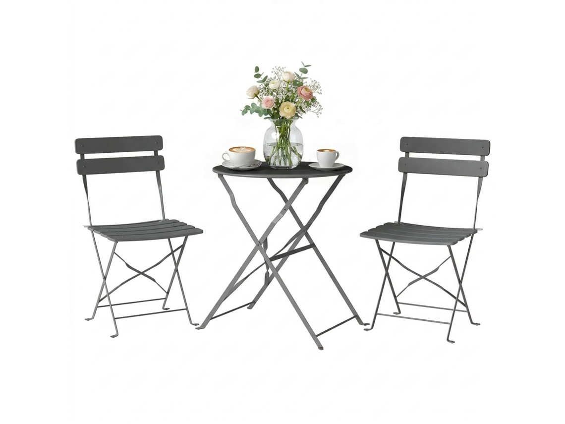 Conjunto de bistró de jardín con mesa y 2 sillas plegables, metal gris.