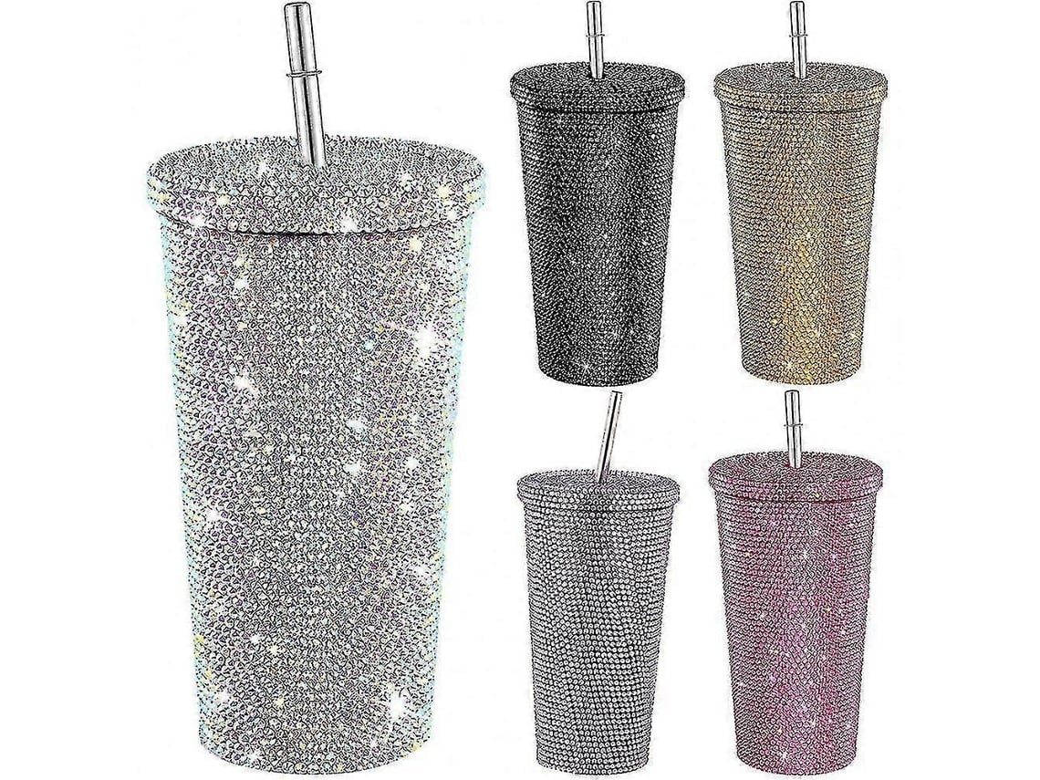 Taza Termo Reutilizable 500ml Con Tapa Y Pajita Acero Inoxidable 304/201 Diamantes Mujer Regalo 2023 Azul