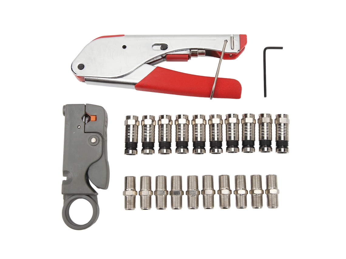 Kit De Herramientas Para Crimpar Cables Coaxiales Con Pelacables Y 10 Conectores Rg6 Tipo F.