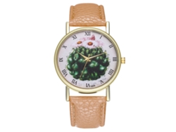 Reloj De Pulsera Unisex De Cuarzo Zhoulianfa Con Correa De Piel Sintética Con Estampado De Cactus Beige.