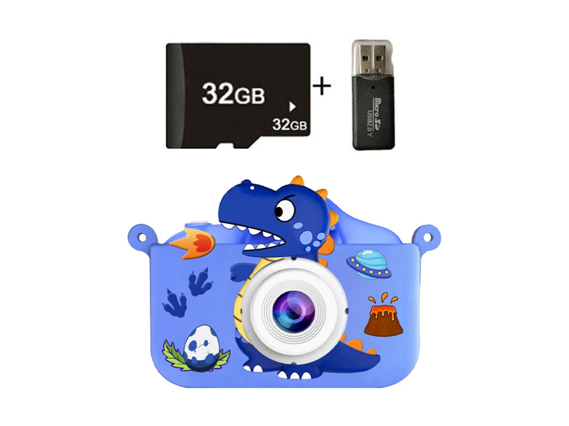 Cámara digital de juguete para niños, grabación HD de 1080p, tarjeta SD de 32 GB y lector de tarjetas, dinosaurio azul Hexinyigjly