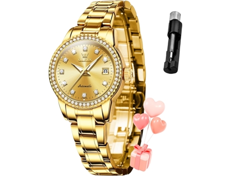 VEANXIN Reloj automático para mujer con diamantes, resistente al agua, con fecha(oro)
