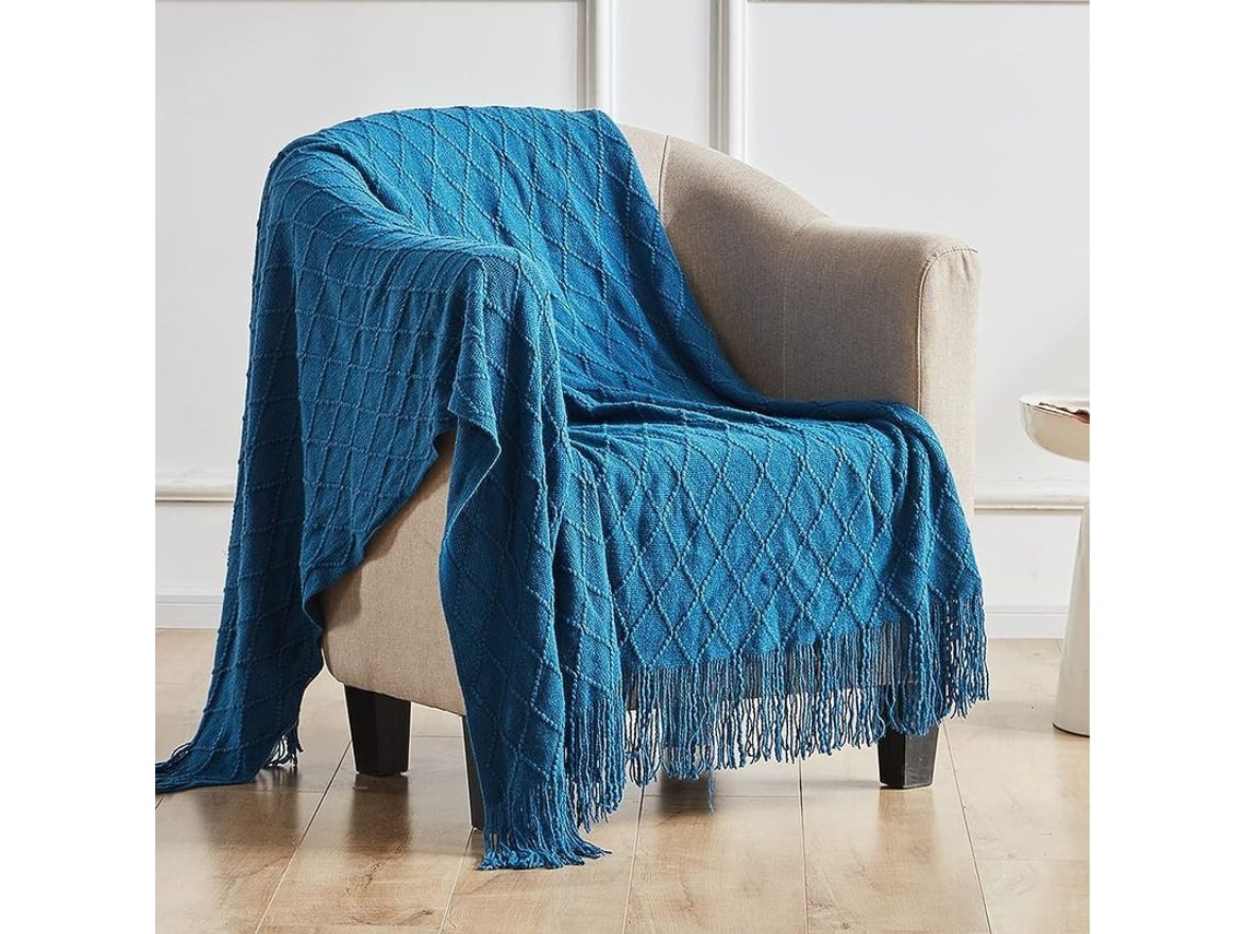 Rebe-manta Tejida Ligera Suave Con Borlas Para Sofá Cama, Manta Decorativa Cómoda De Estilo Rural Azul Marino 50"x60"