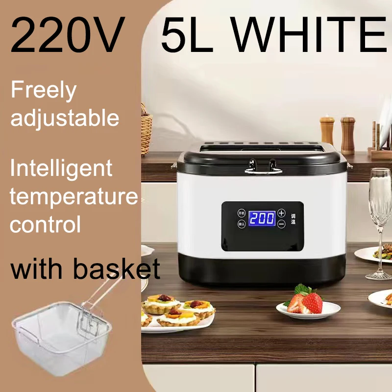 Freidora eléctrica totalmente automática (blanca), de bajo consumo energético y de aceite, con temperatura regulable y capacidad de 5 litros.