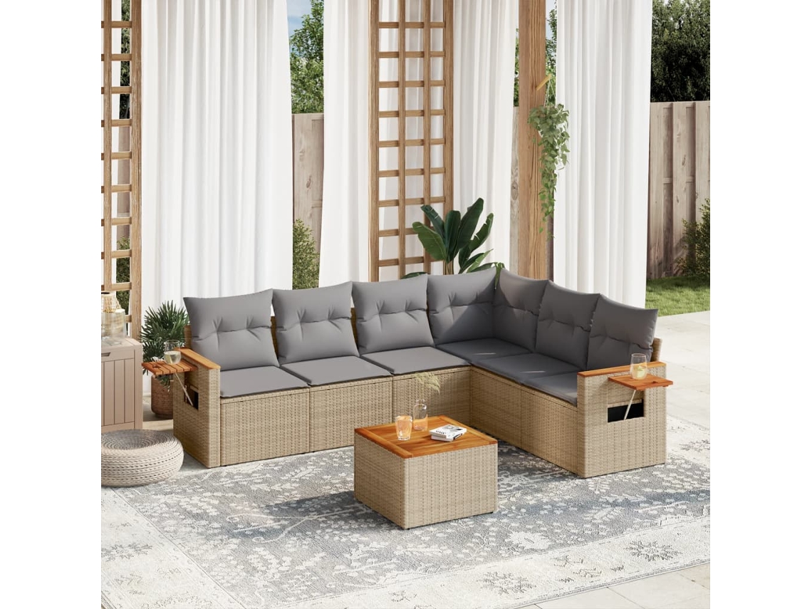 Conjunto de sofá de jardín de 7 piezas con cojines, mimbre sintético beige, Dkd Home Decor