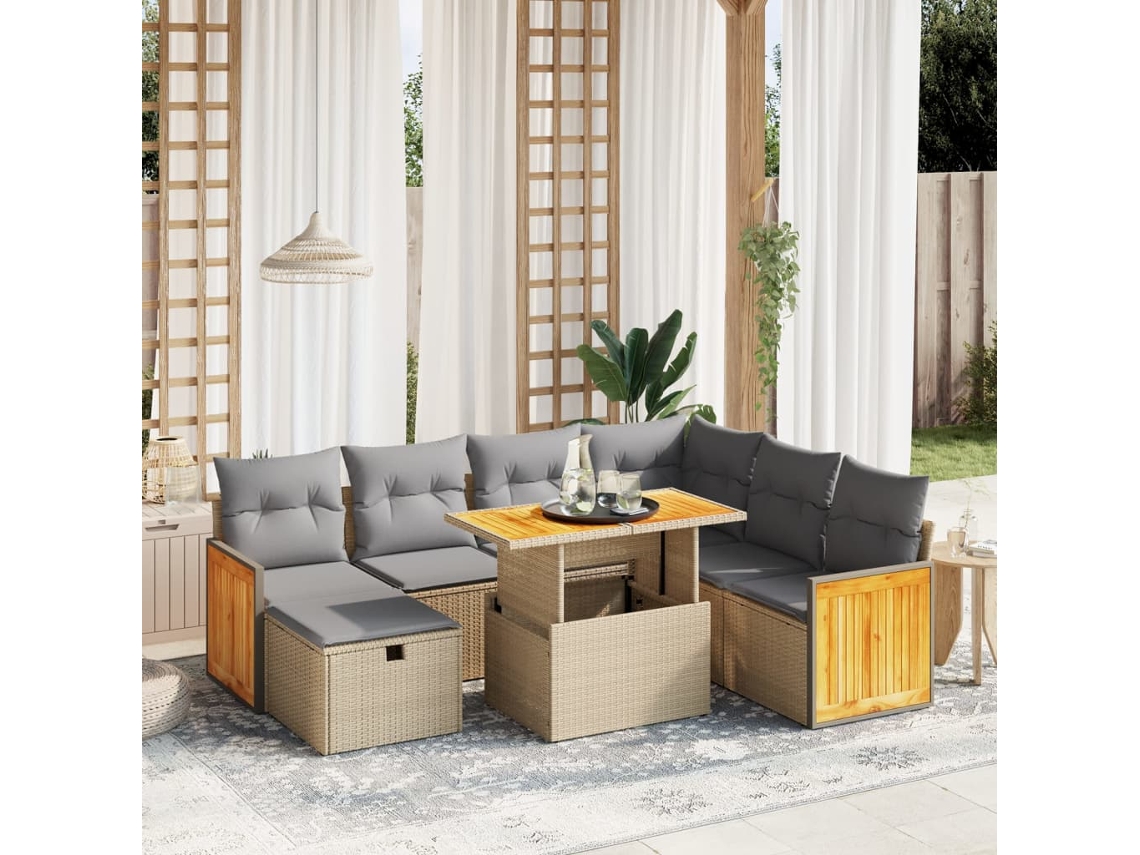 Conjunto de sofá de jardín con cojines, mimbre beige PE Dkd Home Decor