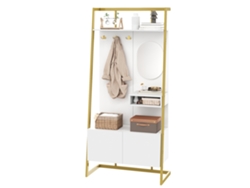 Mueble de entrada compacto con espejo, ganchos metálicos y banco zapatero, blanco, 78x38,5x180,5 cm, MOBRIO