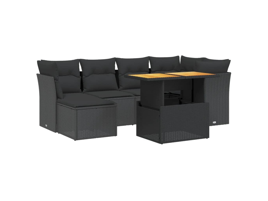 Conjunto 7 de comedor de jardín VIDAXL y cojines ratán sintético negro
