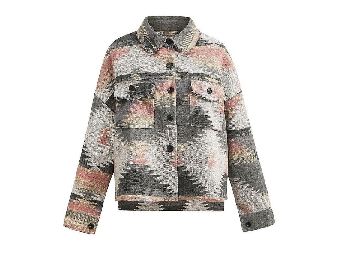 Chaqueta Rebe-camisa vintage estampada para mujer, manga larga, botones, cuello con solapa, corte holgado, talla XL, color rosa, ideal para el invierno.