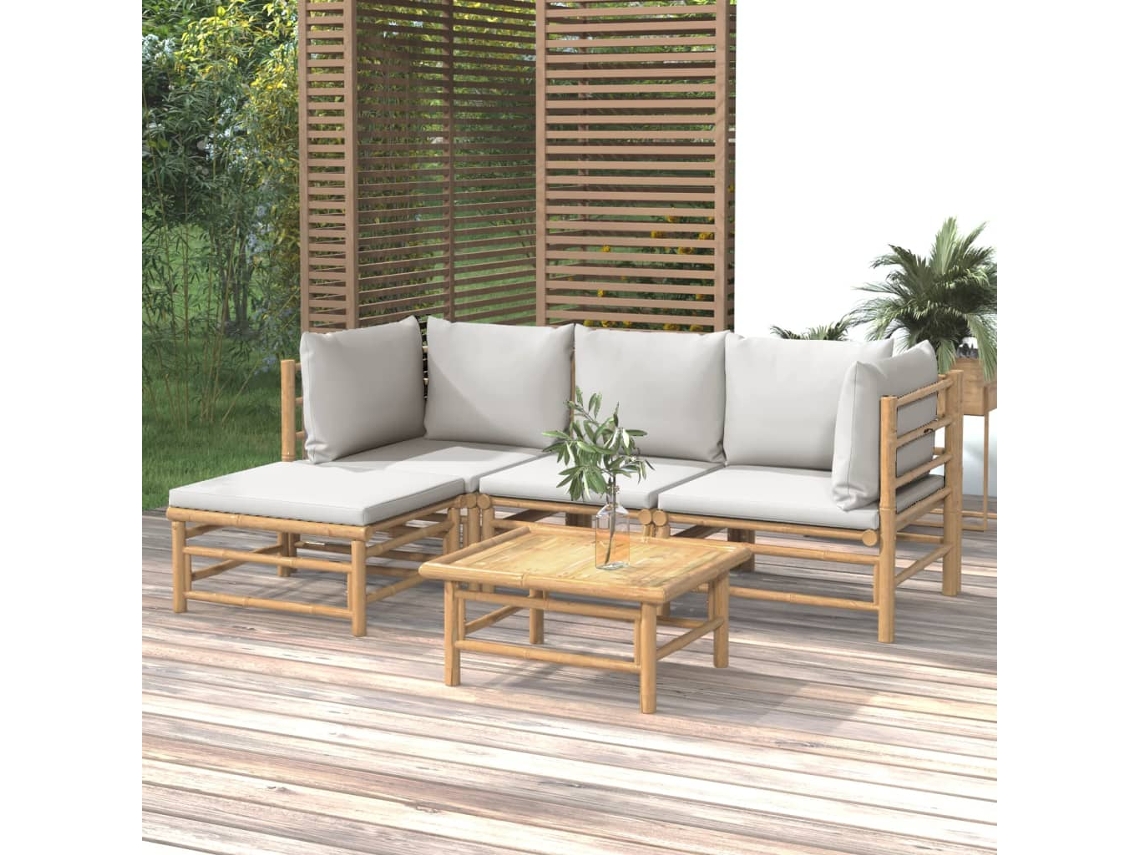 Conjunto de jardín de bambú DKD Home Decor con cojines gris claro