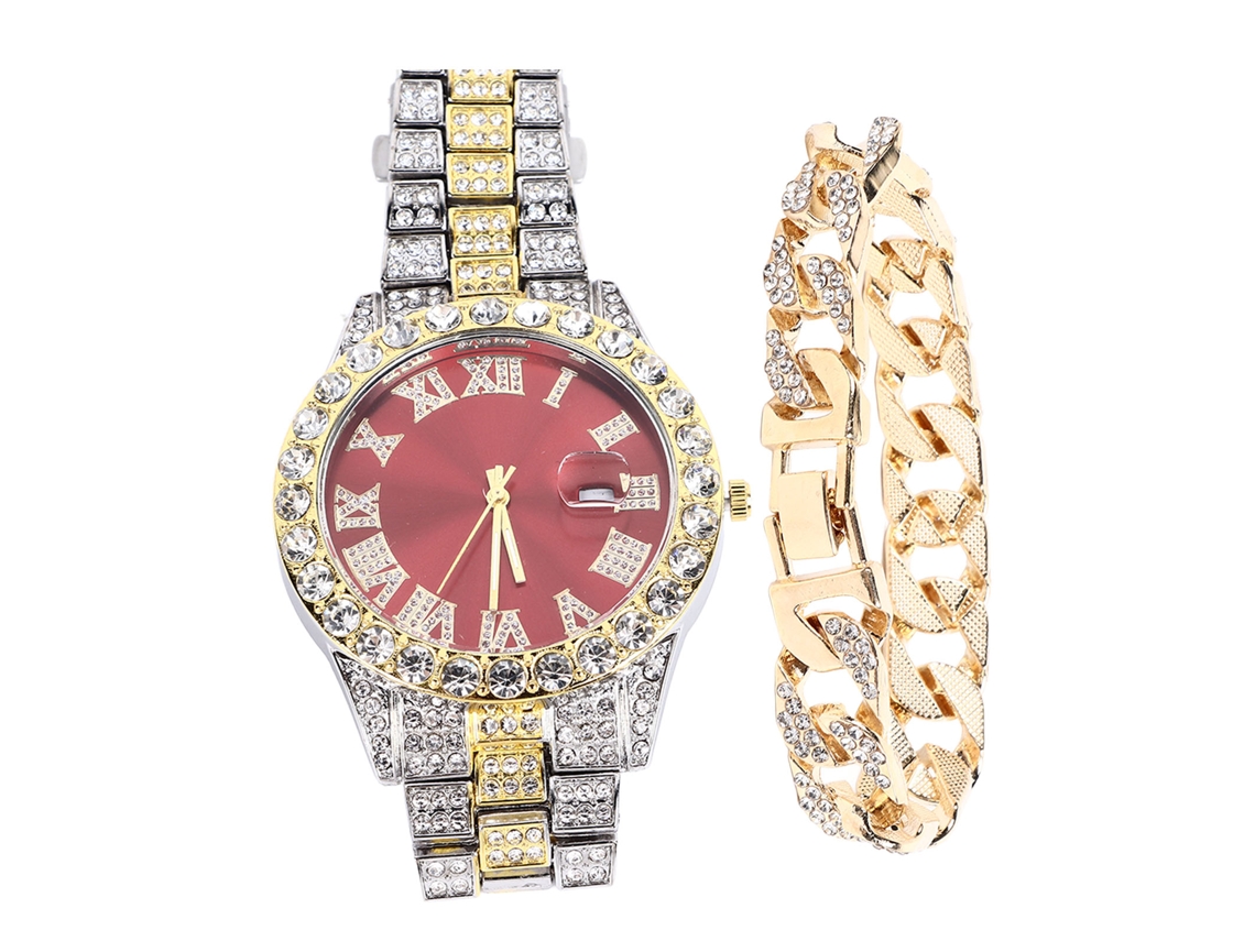 Conjunto De Reloj De Cuarzo Para Hombre Con Calendario Y Diamantes - Acero Inoxidable - Regalo Ideal