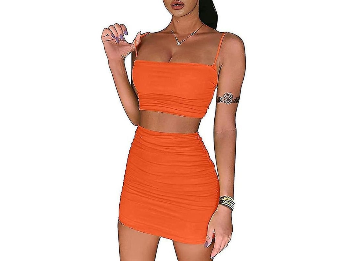 Conjunto De 2 Piezas Para Mujer: Top Camiseta Ajustable Y Falda Bodycon Mini Con Fruncidos, Ideal Para Fiestas Y Clubes Xs Naranja