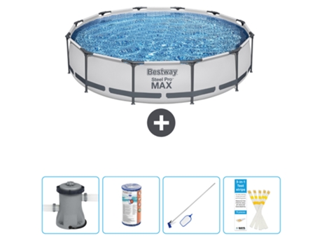 Piscina BESTWAY Round Steel Pro MAX - 366 x 76 cm - Gris - Bomba incluida Filtrar - kit de limpieza - Tiras de prueba