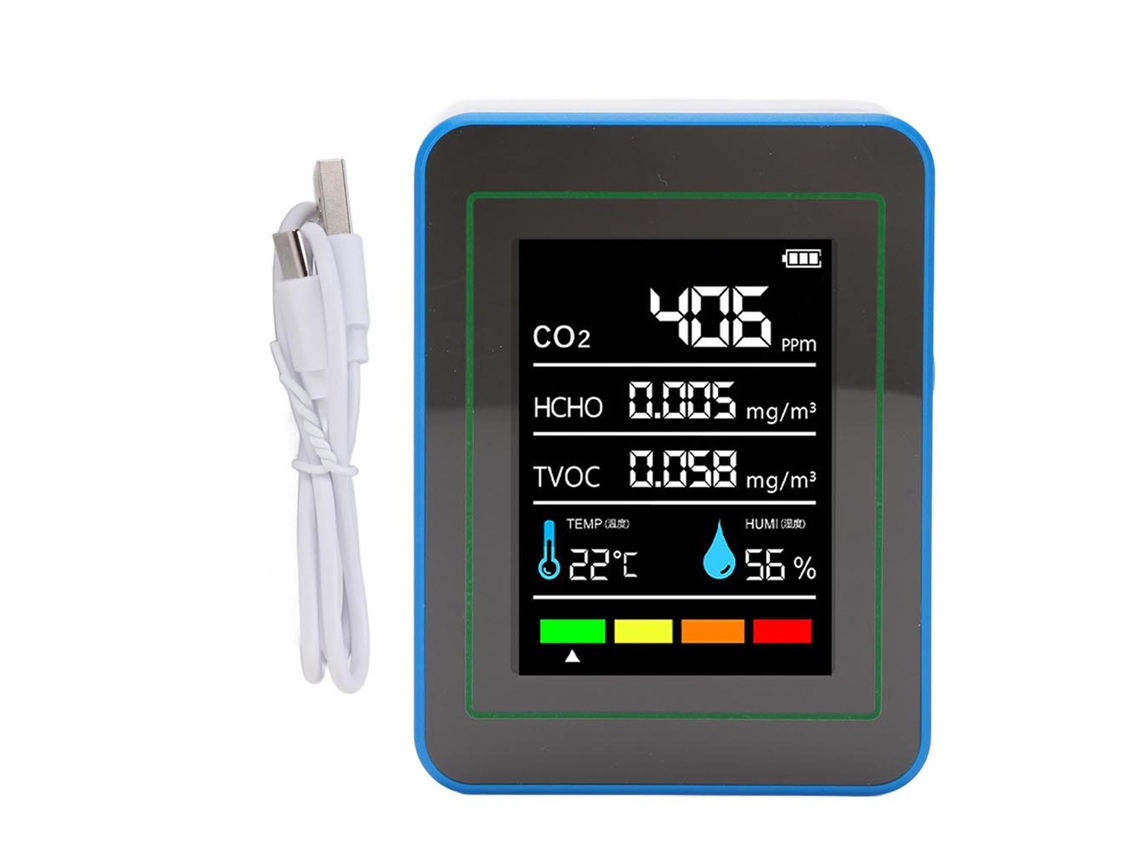 Detector De Calidad Del Aire 5 En 1: Co2, Tvoc, Hcho, Temperatura, Humedad, Portátil, Recargable, Blanco Y Azul.