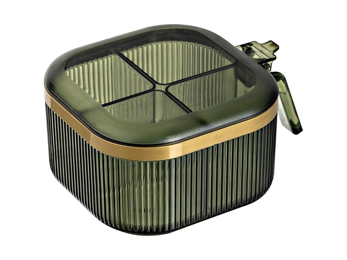 Rebe - Recipiente transparente para especias con tapa y cuchara, fabricado en plástico verde, con 4 compartimentos, duradero y hermético.