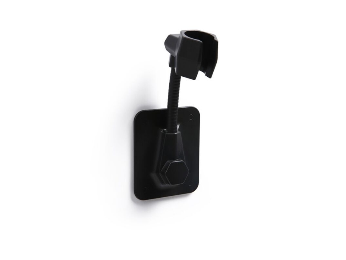 Soporte de ducha ajustable negro para baño, sin perforaciones, rotación de 360°, material ABS y cubierta de metal y plástico.