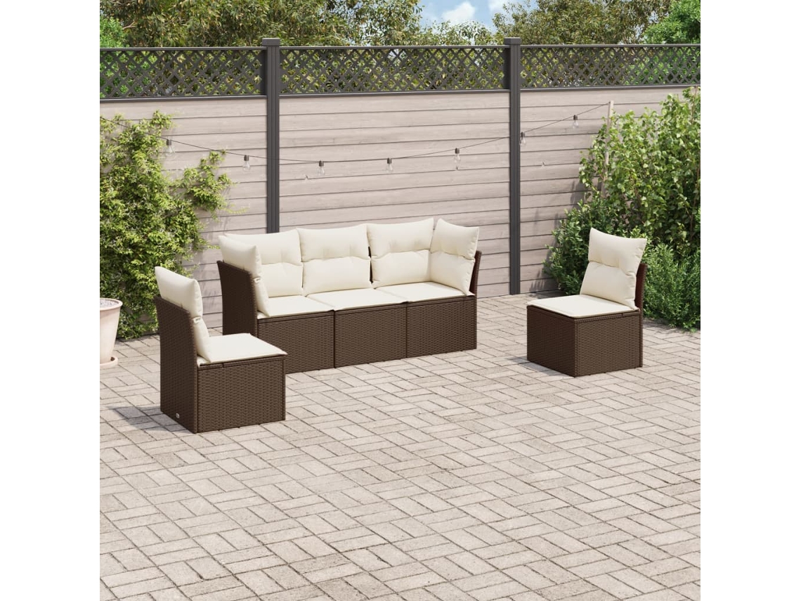 Conjunto de sofá de jardín de 5 piezas con cojines de ratán marrón Lovely Home