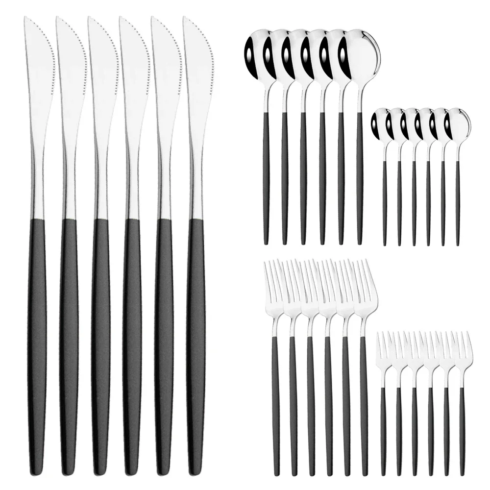 Cubiertos de acero inoxidable, incluyendo cuchillo, tenedor de fruta, cuchara, etc. MDUG (Negro y plateado, juego de 30 piezas)