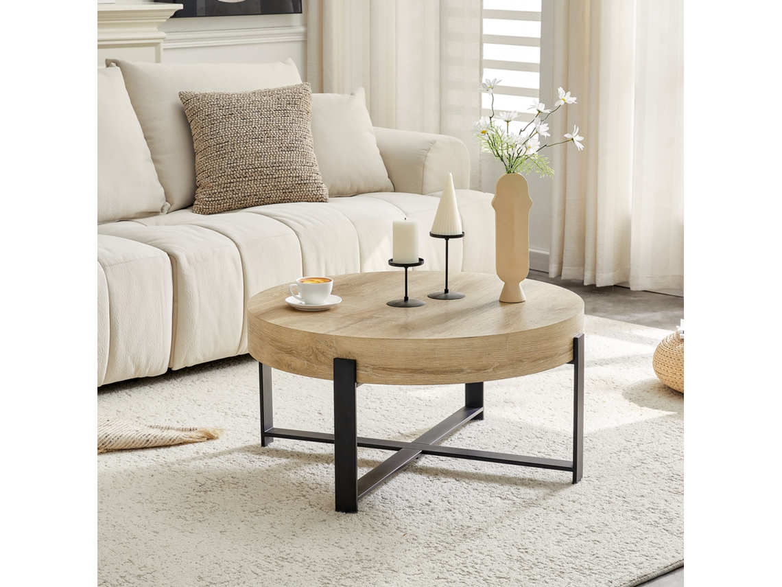 Mesa De Centro Redonda 68 Cm - Estilo Retro Industrial, Mdf Con Patrón De Madera, Estructura Metálica Negra - Negro/madera