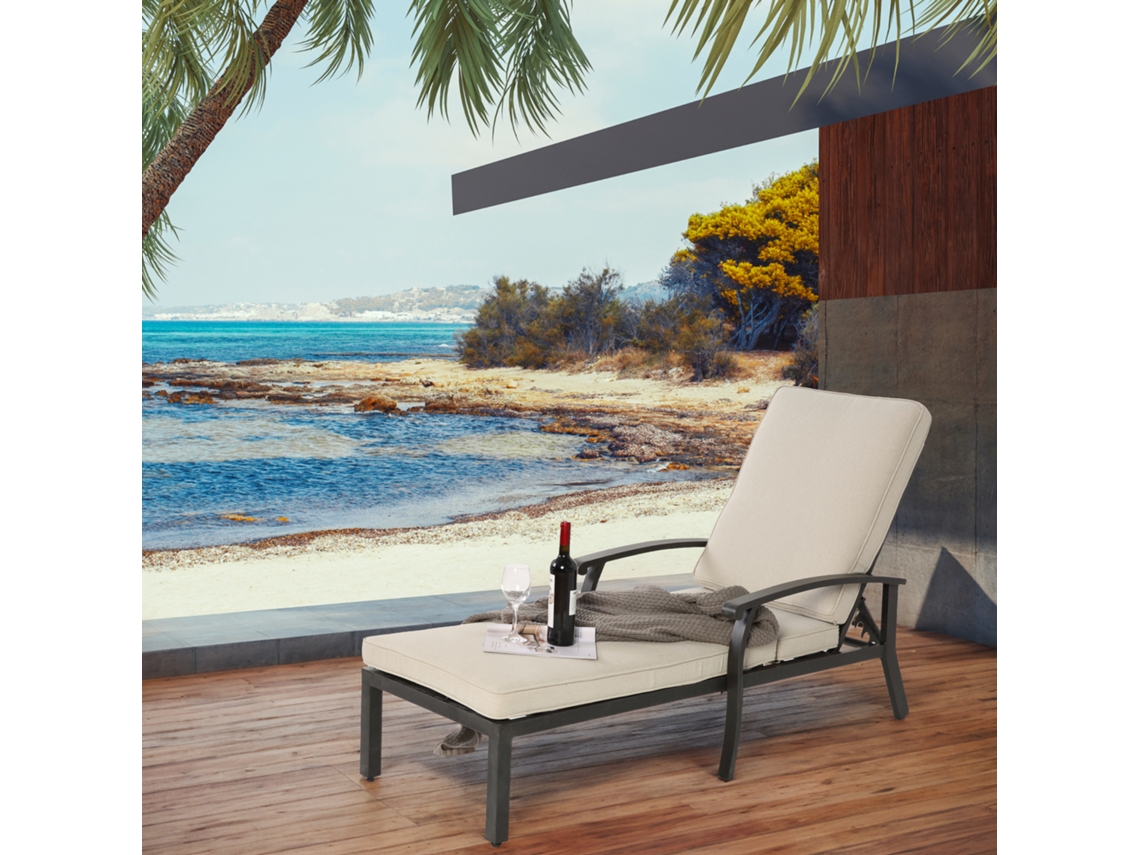 Tumbona De Aluminio Con Cojín Beige, Asiento Reclinable Para Piscina.