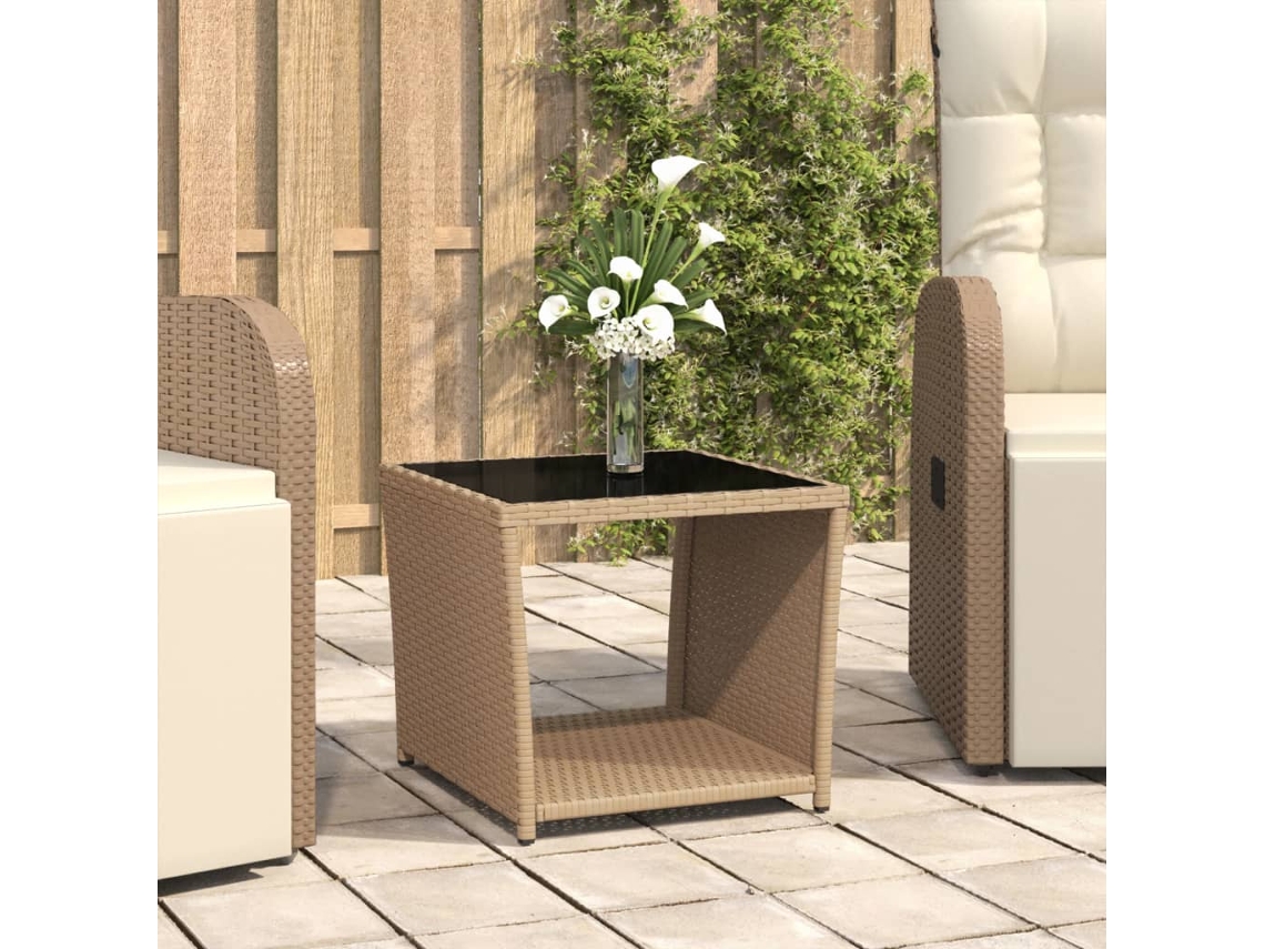 Mesa de Centro de Apoyo con Tablero de Vidrio Mimbre Pe/Vidrio Templado Beige