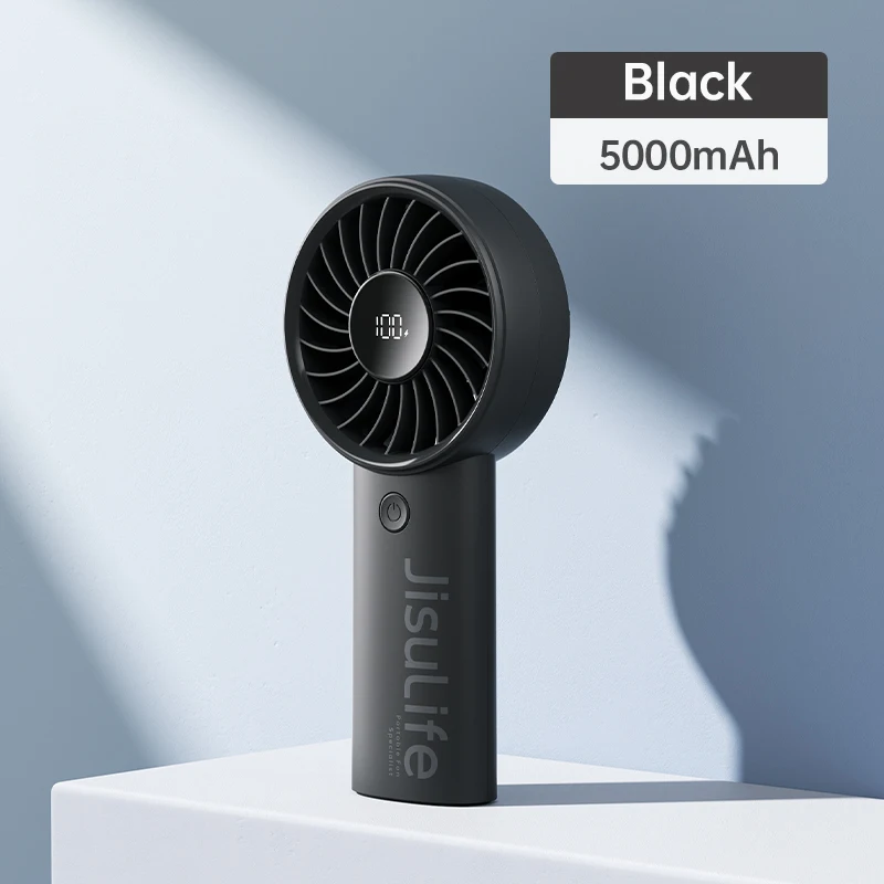 Ventilador portátil MDUG con 5 velocidades, bloqueo de seguridad, pantalla LED y carga USB (negro, 5000 mAh)