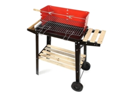 Parrilla portátil de carbón con ruedas y brocheta.