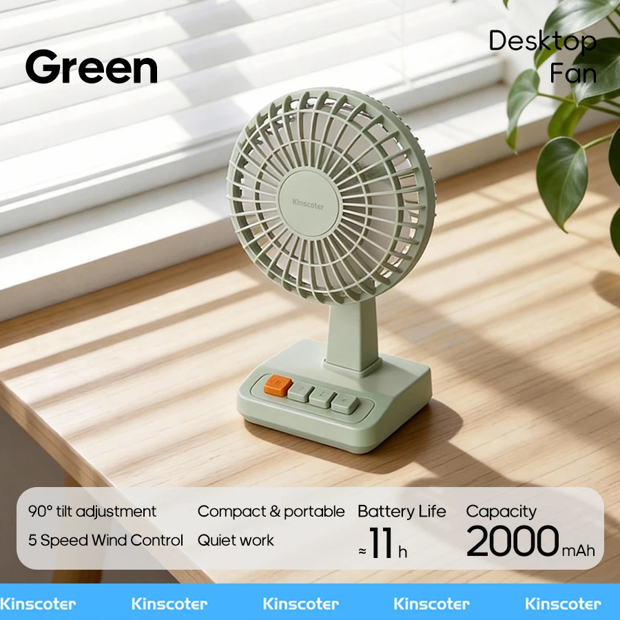 Ventilador De Escritorio Retro (verde), 2000 Mah, Inclinación Ajustable De 90°, 5 Velocidades De Viento.