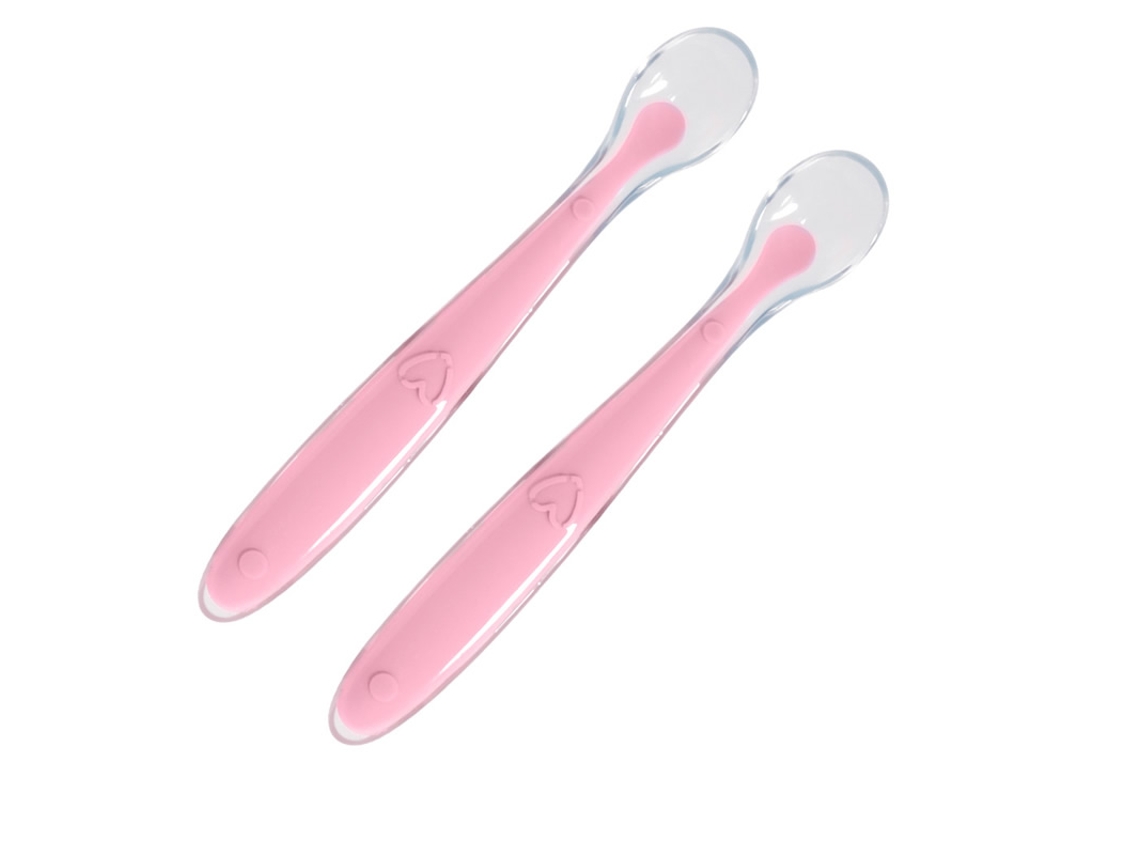 (rosa) Dos Cucharas De Silicona Suave Para Bebés Y Una Caja De Pp Transparente Ayudas Para El Entrenamiento De Alimentación.