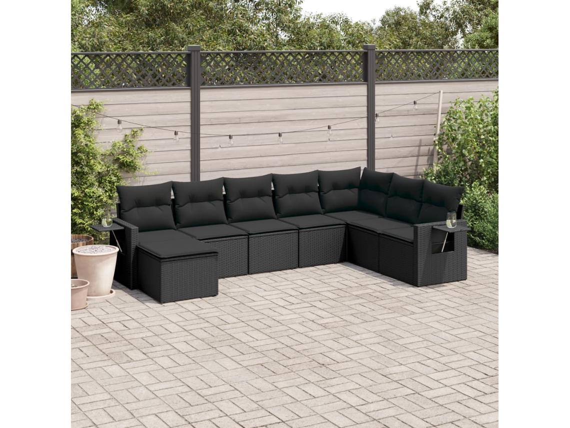 Conjunto de 8 sofás de jardín con cojines de mimbre sintético negro, Dkd Home Decor