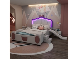 Cama Infantil Forma Mariposa 140x200 Cm Con Led Cambiante, Tobogán, Escalera, Sin Colchón, Para Niña, Rosa Y Blanco