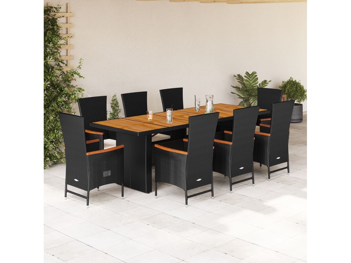 Juego de comedor de jardín de 9 piezas con cojines de mimbre negros de DKD Home Decor