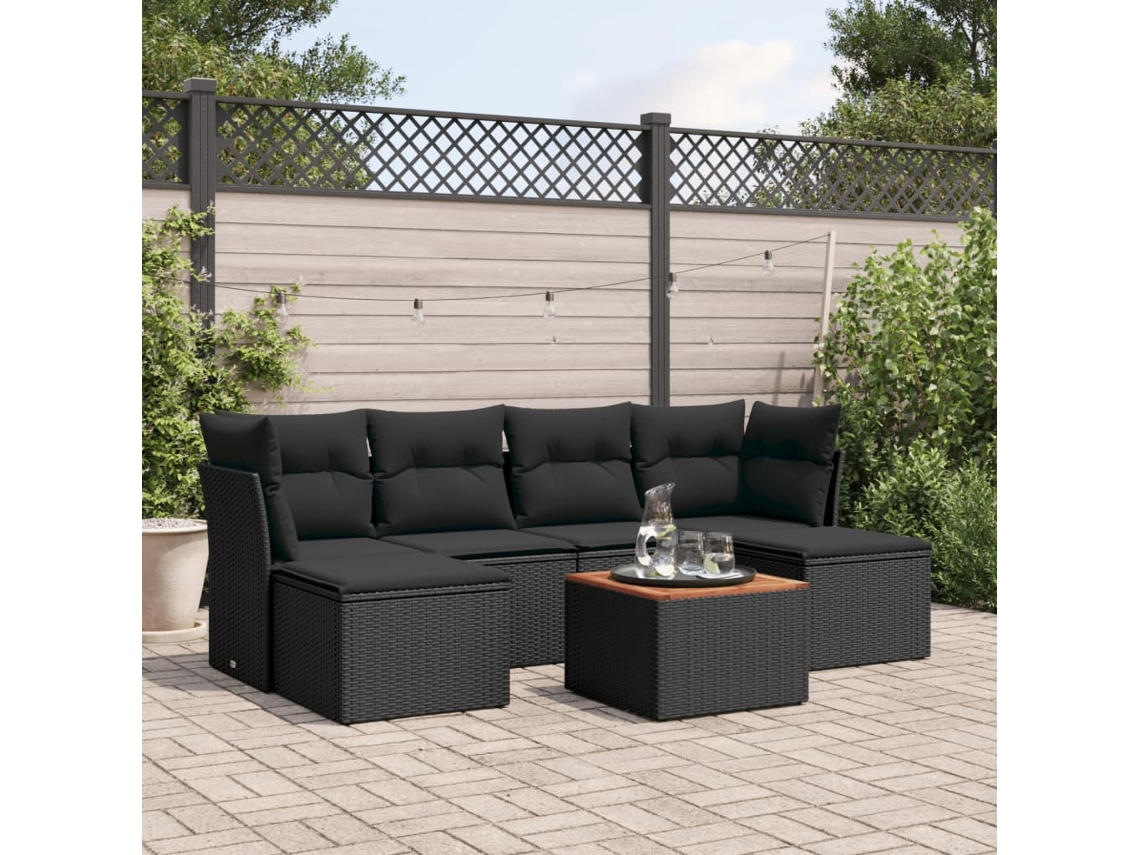 Conjunto de sofá de jardín de 7 piezas con cojines, ratán negro, Dkd Home Decor