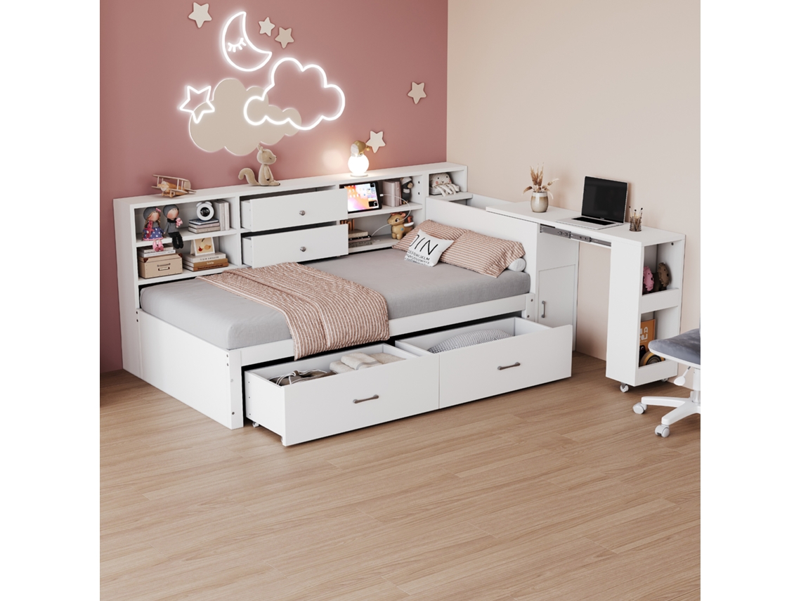Sofá Cama De Madera De 90x200 Cm, Con Espacio De Almacenamiento, 2 Cajones Y Escritorio Retráctil, Color Blanco.