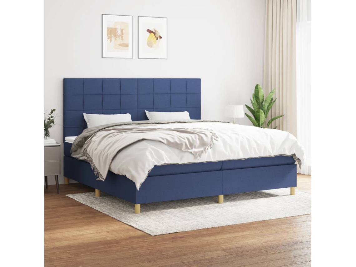 Cama Box Spring Con Colchón Tela Azul 200x200 Cm
