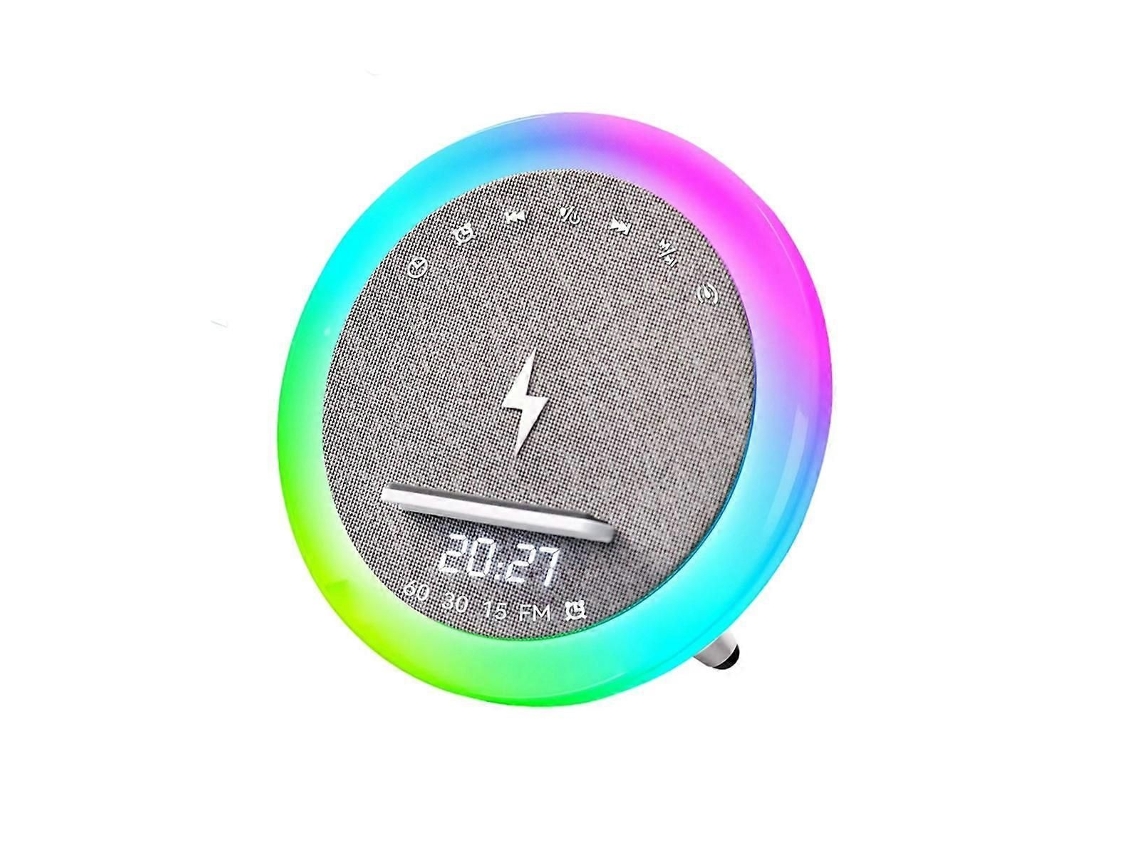 Reloj despertador portátil con altavoz Bluetooth, luz LED, 15 W, carga inalámbrica, ruido blanco, ayuda para dormir y reproductor de música.