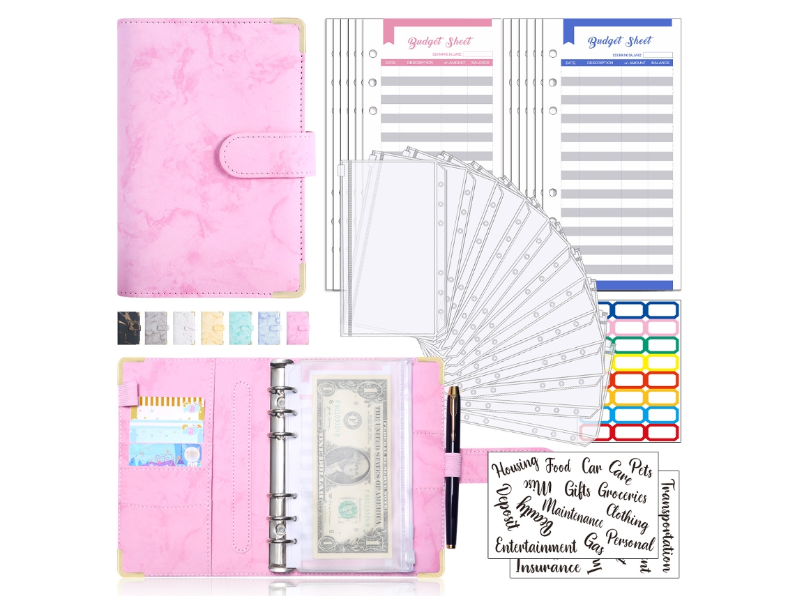 Cuaderno Siurn A6 de hojas sueltas en piel sintética, color rosa, con sobres para presupuestos de efectivo