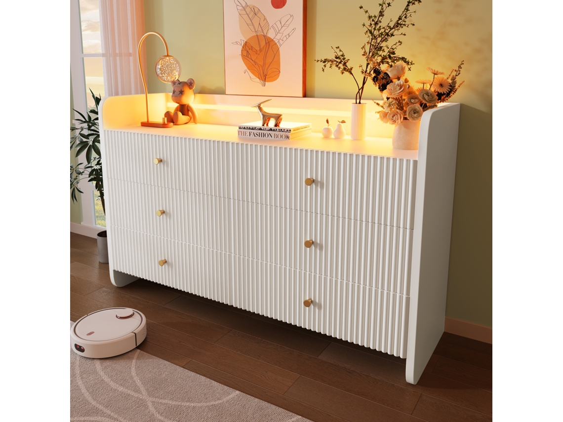 Aparador con 6 cajones, iluminación LED y diseño ondulado, estilo moderno, ideal para salón y dormitorio. Dimensiones: 120 x 40 x 75 cm.