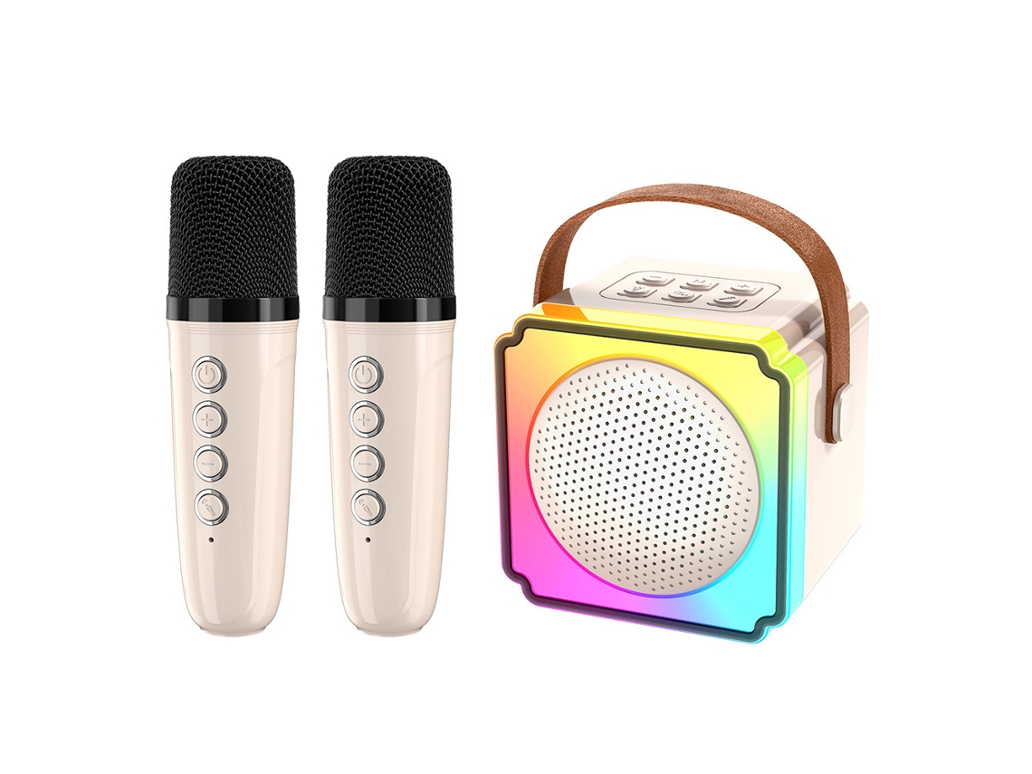 Máquina de karaoke portátil SSTRWGOOD para niños con 2 micrófonos inalámbricos y luces LED de color blanco perla
