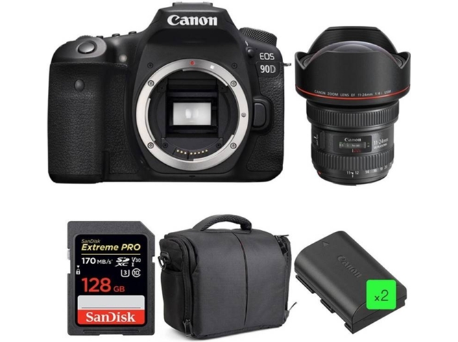 Kit Cámara Réflex CANON EOS 90D + EF 11-24mm f/4L USM + SanDisk 128GB + 2 LP-E6N + Bolsa