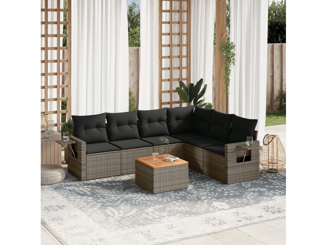 Conjunto de sofá de jardín de 7 piezas con cojines, mimbre gris, DKD Home Decor