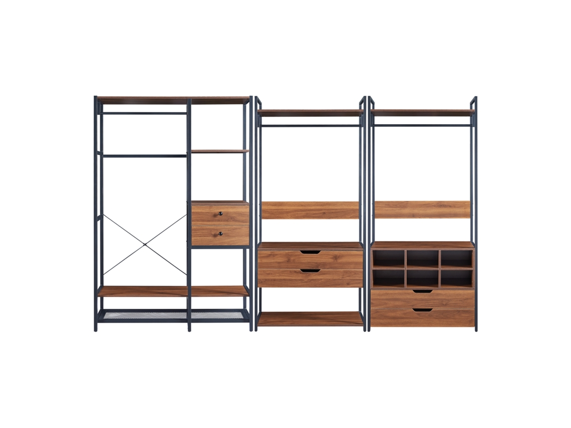 Conjunto de 3 percheros Larem con 6 cajones y 6 compartimentos abiertos - Negro/Efecto Nogal [EN.CASA]