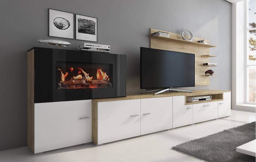 Conjunto De Muebles tv skraut home newolymposonoma blanco brillo roble melamina 290 170 45 cm para chimenea sistema iluminación led efecto llamas model comedor 5 niveles acabado mate 290x170x45