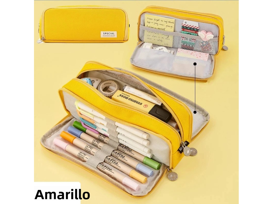 Estuche Grande Y Bonito (amarillo), Accesorio Coreano Para La Vuelta Al Cole, Material De Tela.